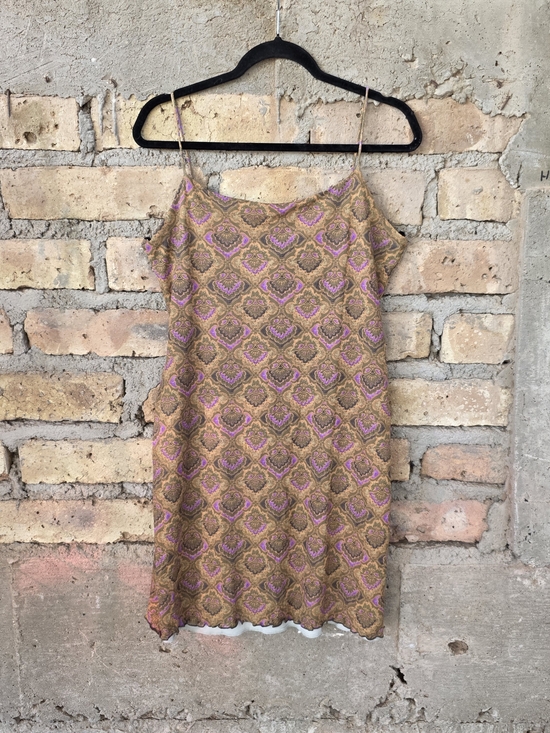 Q&A Dresses & Skirts - VTG 90s Q&A Collection Mesh Paisley Cami Dress Lettuce Trim Brown Purple XXL